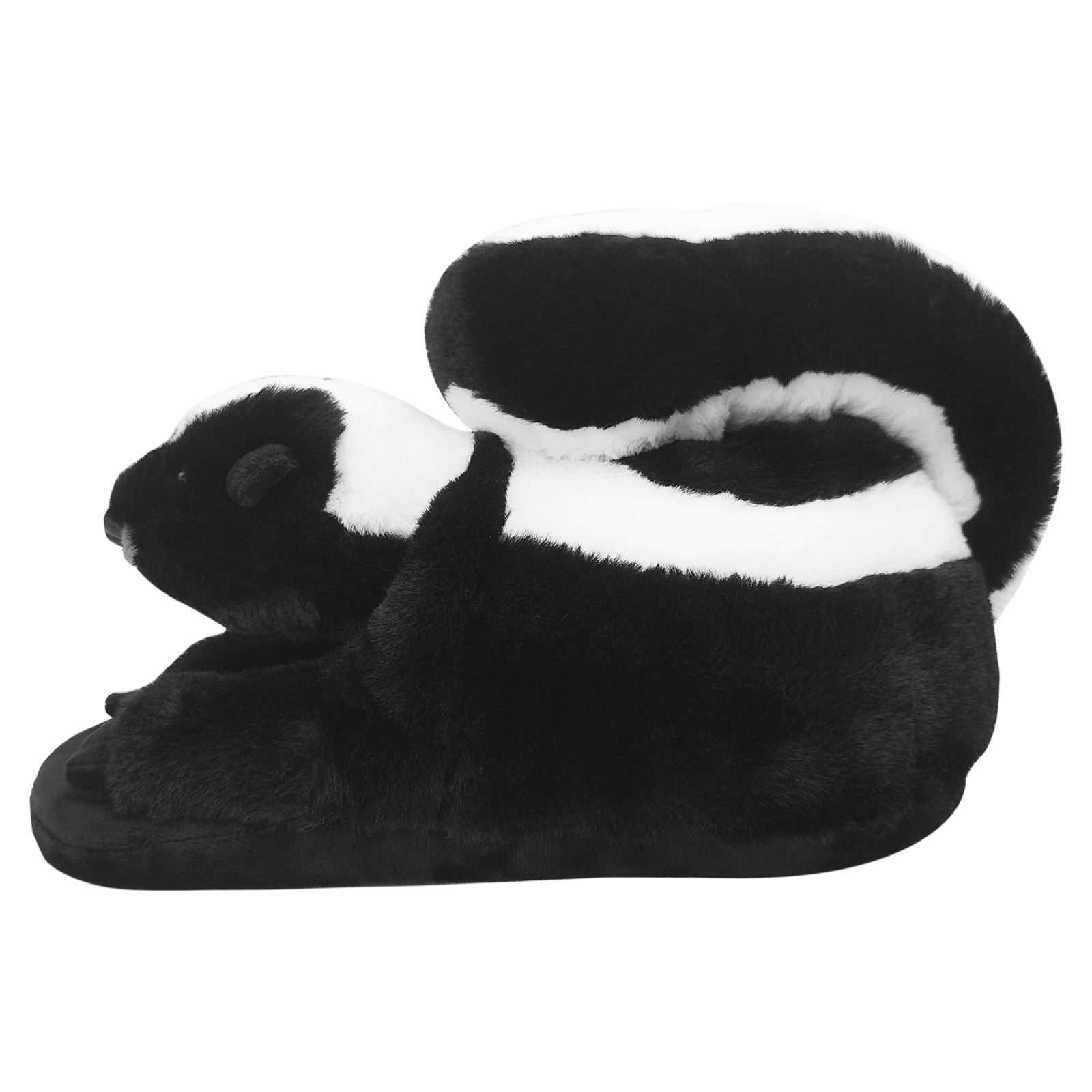 Plush skunk slippers side