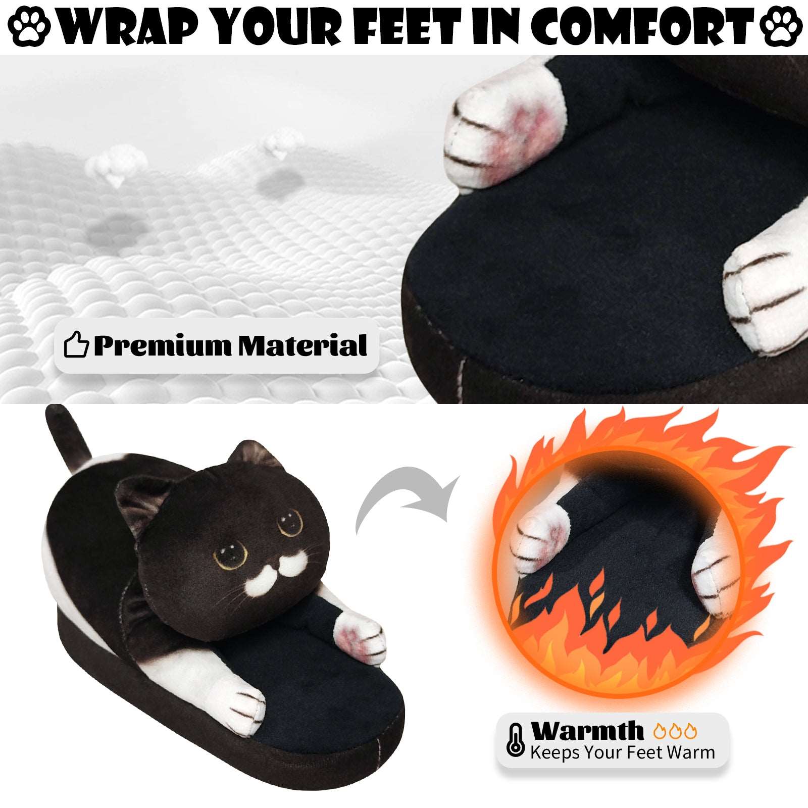 Children's black cat slippers, one size