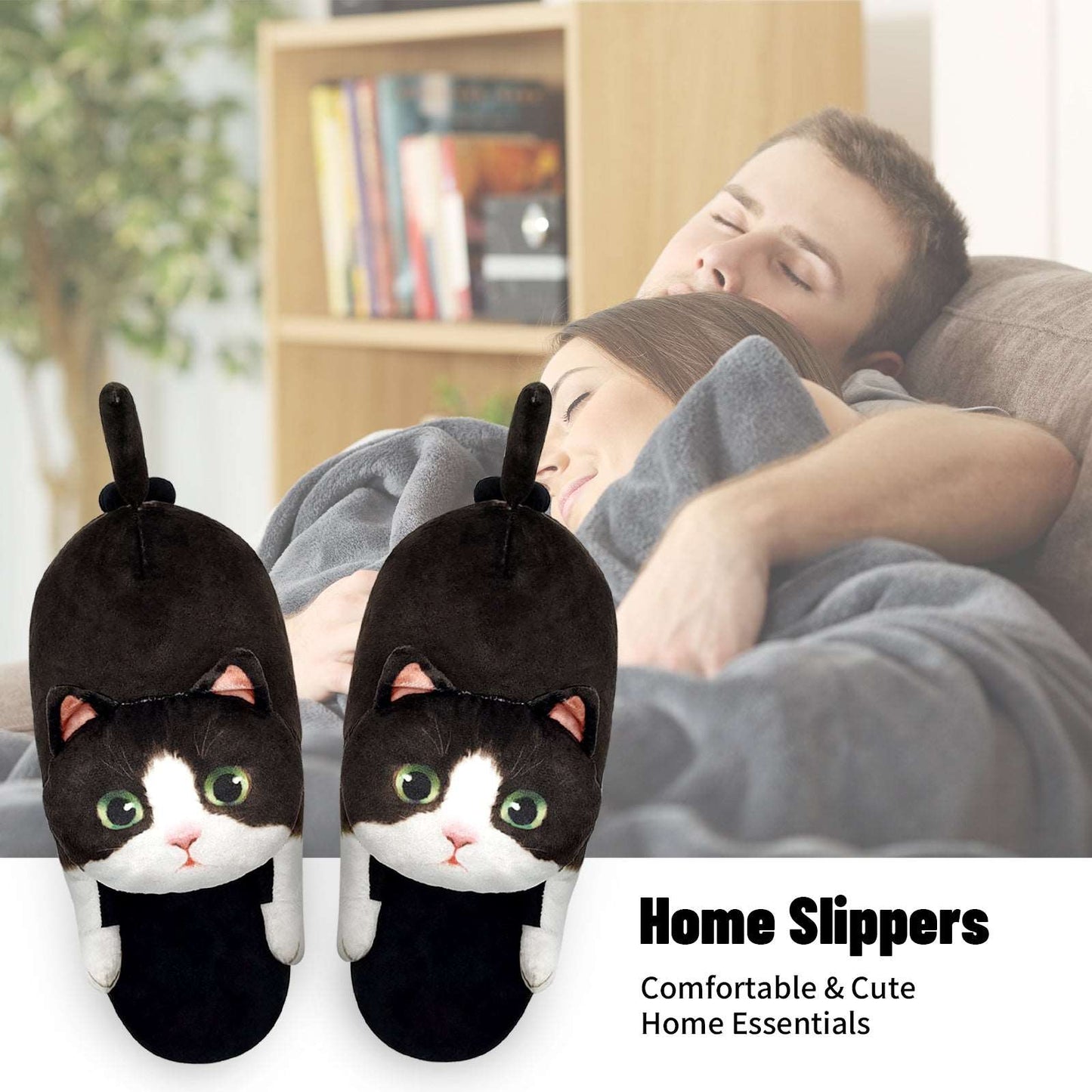 Adult black and white cat slippers