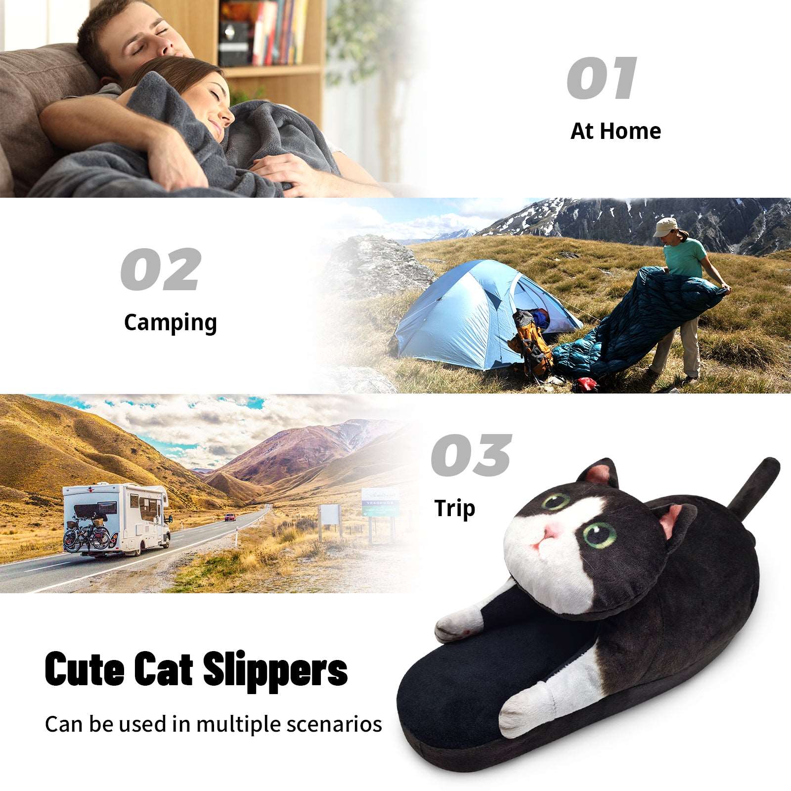 Adult black and white cat slippers